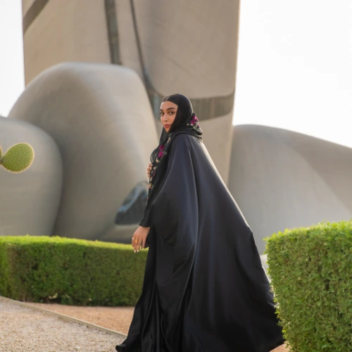 Black Satin Abaya with Floral Embroidery
