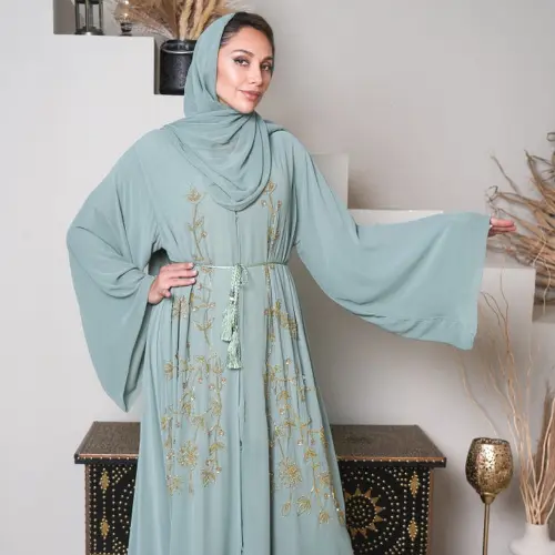 Sage Green Embroidered Abaya with Tassel Belt