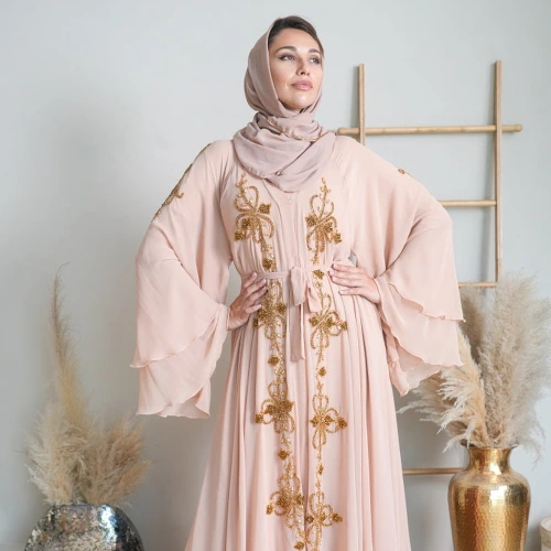 Blush Pink Embroidered Abaya with Layered Sleeves & Belt