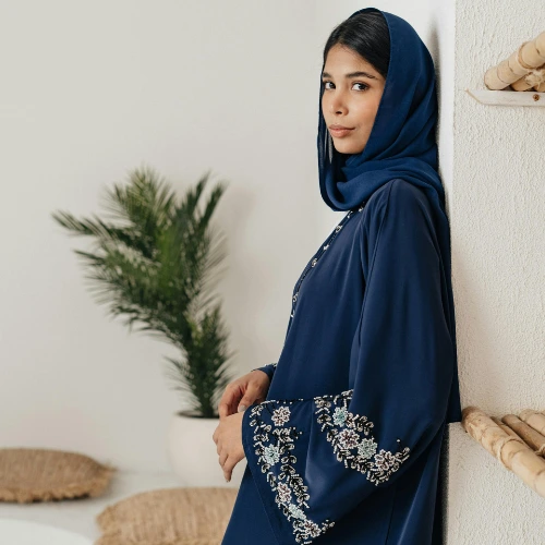 Navy Blue Embroidered Abaya with Floral Detailing