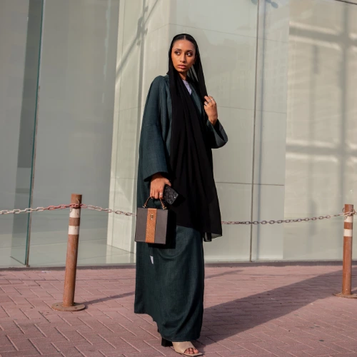 Dark Green Open Abaya with Black Scarf